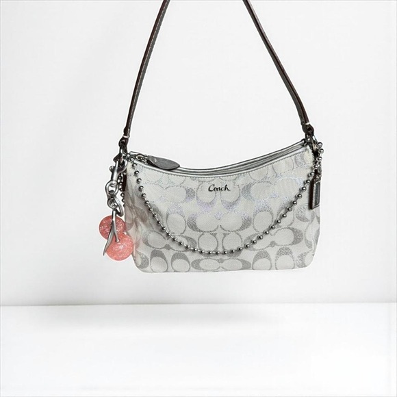 Y2k Coach Mini Bag Baguette Silver Metallic Glam Signature Monogram - Picture 1 of 8